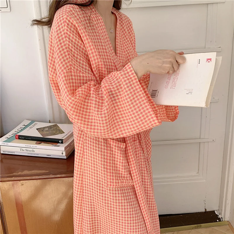 Bathrobe Women Cotton Long Sleeve Robe Plaid Female Japanese Kimono Autumn Sleepwear Home Clothes for Sleeping Pajamas Nightgown