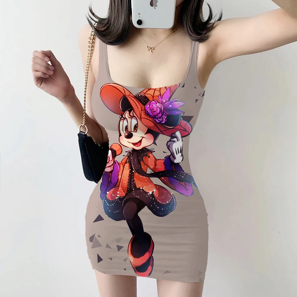 

Disney Minnie cartoon print Sexy Slim fit Dress Women Sling Sleeveless Halter Bodycon Club Wear Summer Sexy Basic Mini Dresses