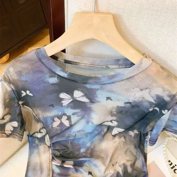 2024 женская летняя новая кружевная рубашка с принтом тай-дай футболка
