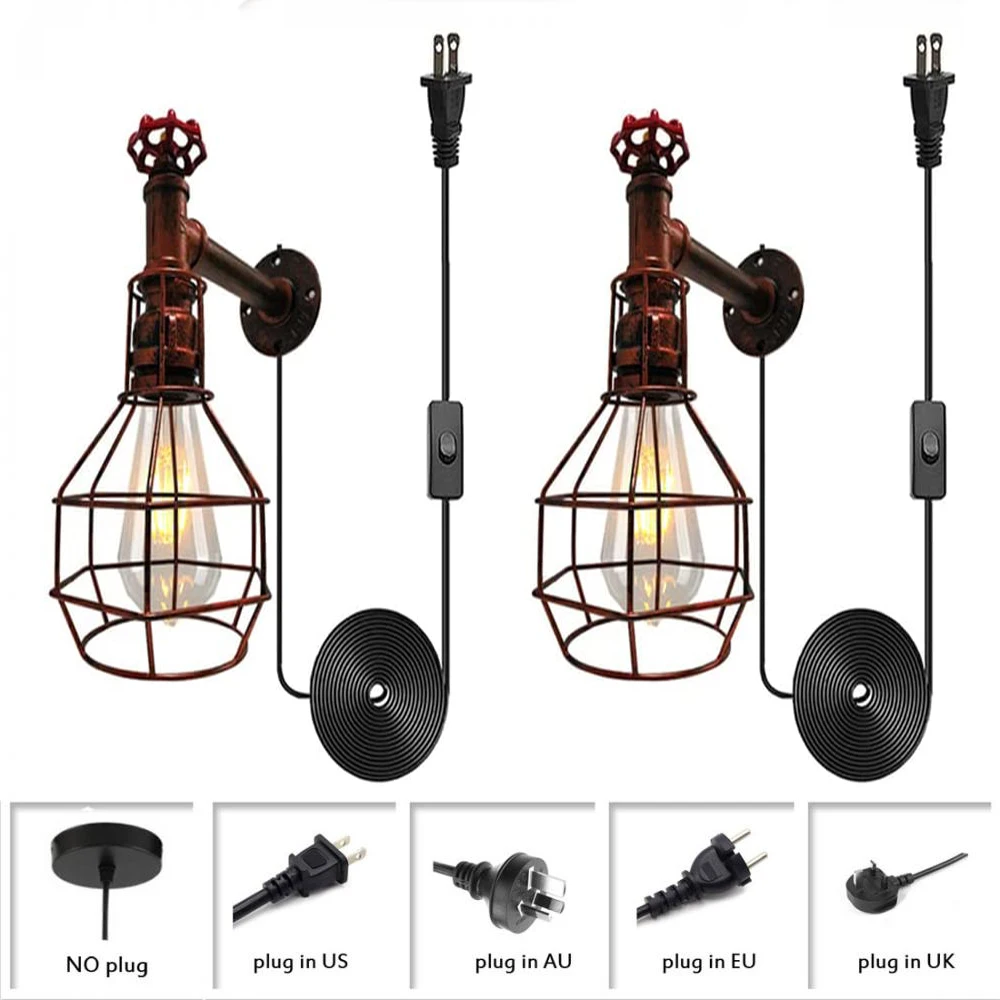 

2 Pack Antique Red Rust Water Pipe Wall Sconce Metal Plug In Wall Light Fixture Industrial Retro Style Wire Cage Wall Lamp