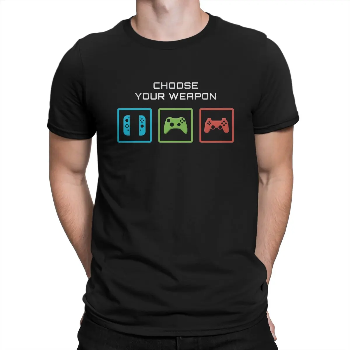 

Novelty Choose Your Weapon Classic T-Shirt for Men Crewneck Cotton T Shirts Gamer Gaming Controller Short Sleeve Tees Graphic