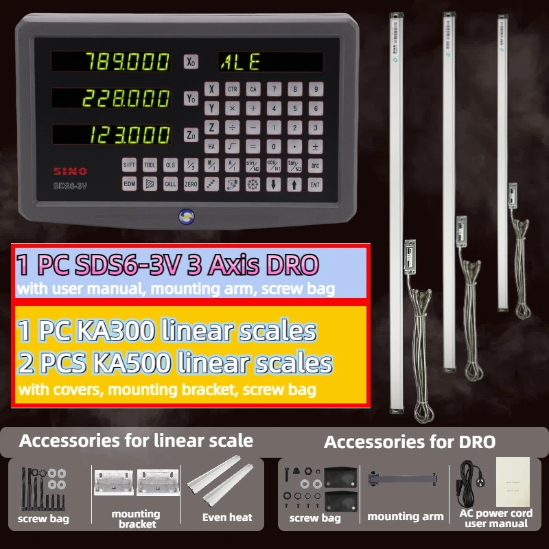 3-осевой цифровой считывающий набор дисплеев DRO 0,005 мм 0,001 мм Решетка Стеклянная линейная шкала Линейка Датчик кодировщика 70 ~ 1020 мм Фрезерование SDS3V