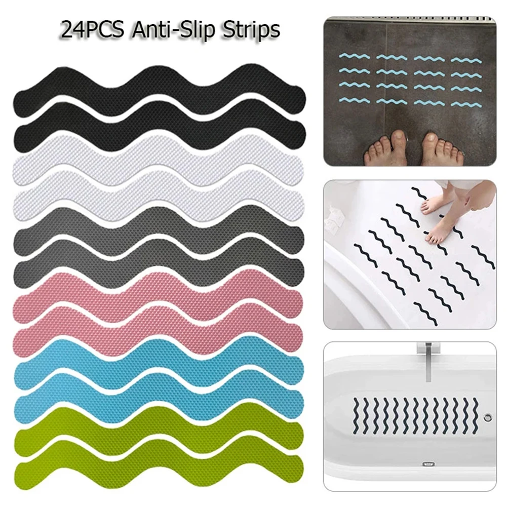 

24pcs Anti Slip Strips Wave-Shaped Bathroom Accessories Shower Stickers Green White Bathtub Stairs Floor Safety Pad Non Slip
