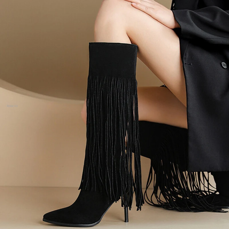 

Long Boots for Women Fashion Catwalk Pointed Super High Metal Thin Heel Tassel Knee Boots Plus Size Frosted Flock Zipper Winter