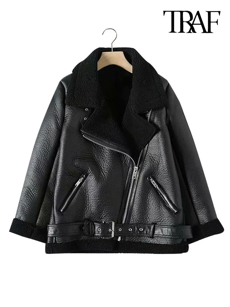 

TRAF Women Fashion Thick Warm Winter Fur Faux Leather Oversized Jacket Coat Vintage Long Sleeve Female Outerwear Chic Tops