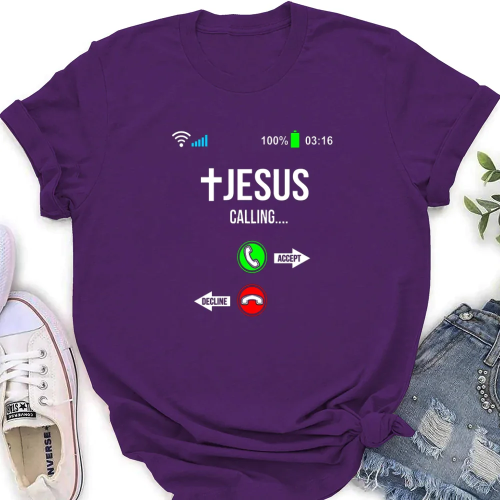 

Custom Name Short Sleeve T-Shirt Funny Jesus Calling Accept Or Decline Interesting Design Printed Personality Women Streetwear
