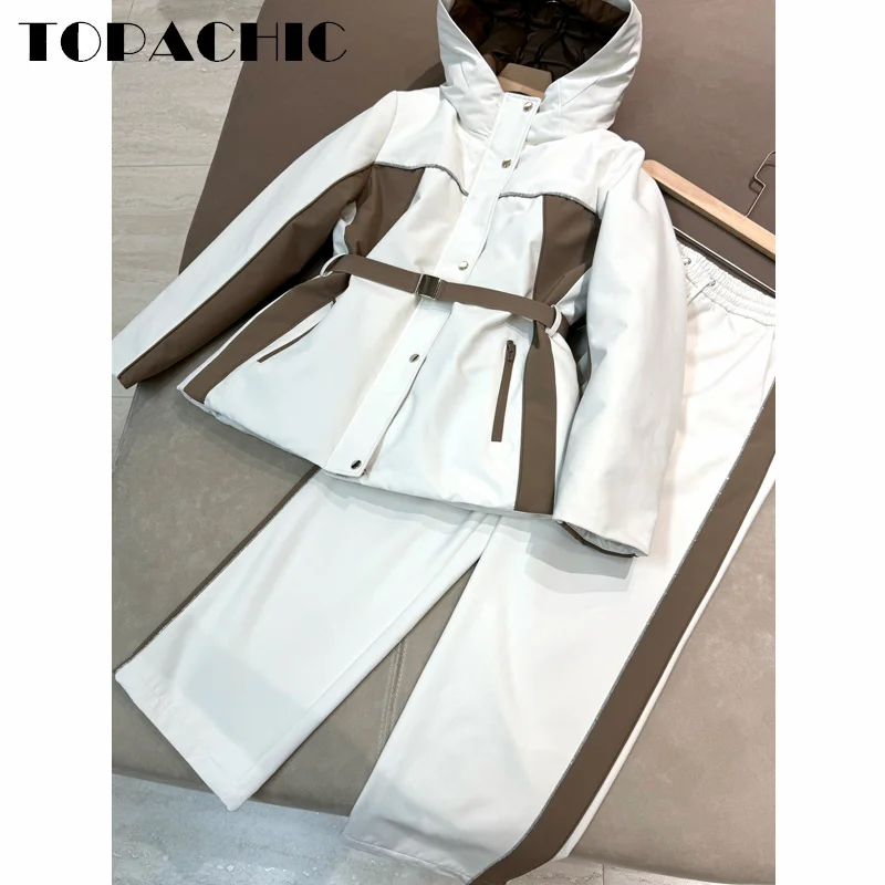 11 23 TOPACHIC-Женская куртка на гусином пуху контрастного цвета с капюшоном и поясом