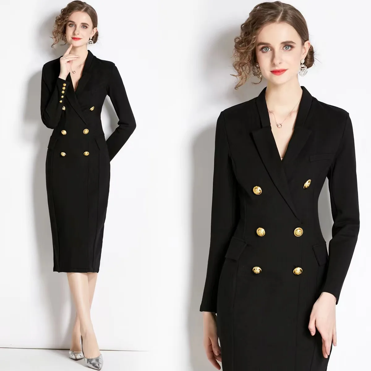 

2023 New Elegant Luxury Women's Clothing Autumn Double Button Slim Fit Long Sleeve Dress