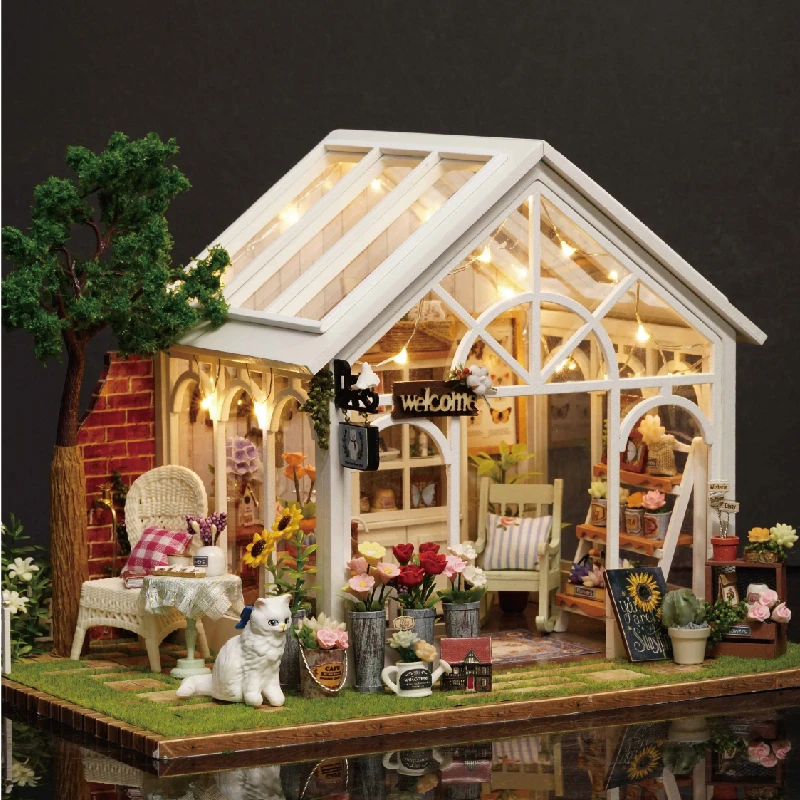 Фото DIY Wooden Sunshine Greenhouse Cottage Figurines Miniatures Kits Assembled Houses Casa Friends Birthday Gifts Home Decor Crafts №2