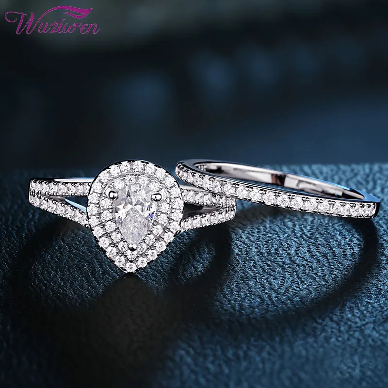 

Wuziwen Solid 925 Sterling Silver Engagement Rings For Women 2Pcs Wedding Ring Set Classic Jewelry Halo Pear Cut AAAAA Zircon