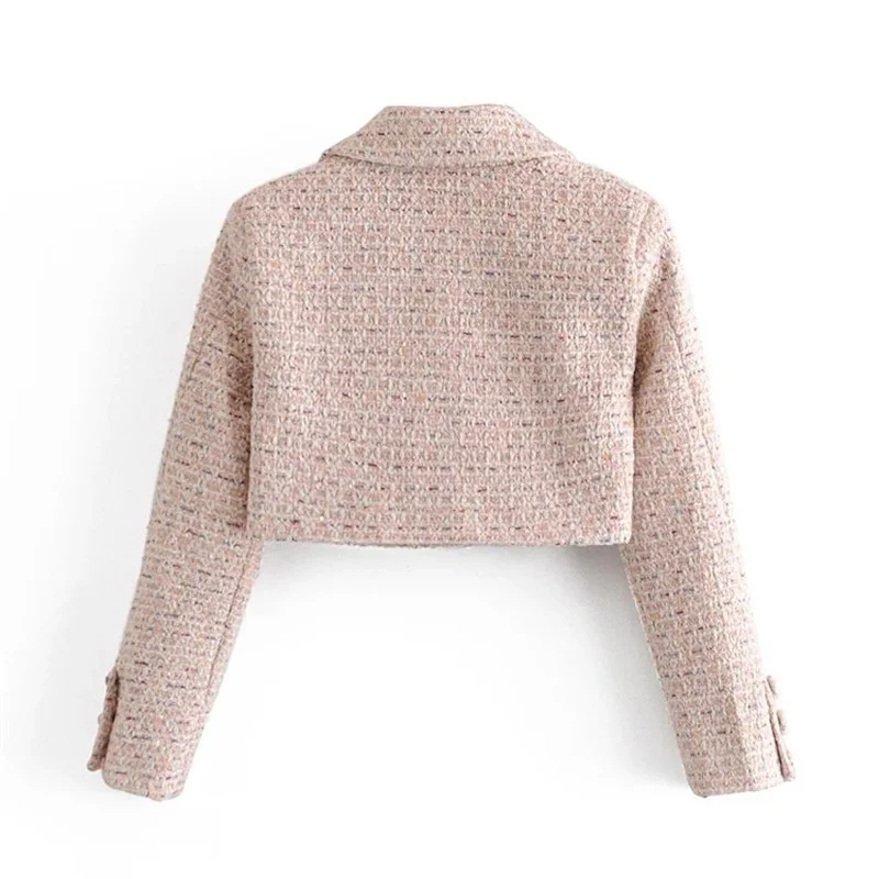 Pink Tweed Short Blazer 2023 Women Sweet Single Button Solid Colors Casual Office Blazer with Button Summer Work Commute Wear