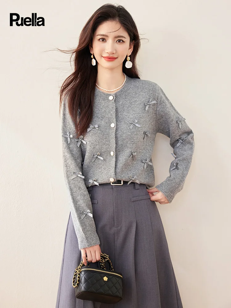 La Chabell Puella Graceful Bow Knit cardigan Women 2024 Autumn and Winter New Temperament Round neck sweater |