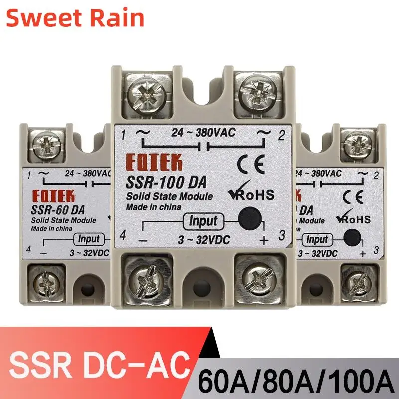 

Solid State Relay Module 3-32V SSR-60DA SSR-80DA SSR-100DA 60A 80A 100A Input DC 24-380V AC Output High Quality