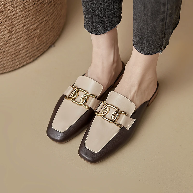 

Jiovodo Genuine Cow Leather Pigskin Closed Toe Spring Summer Ladies Metal Square Slip-on Slippers Women Slides Flat 2cm Shoes