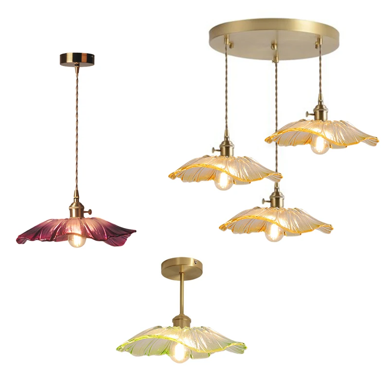 

Stained Glass Lotus Leaf Pendant Lights Copper Room Decor LED Hanging Lamps for Dining Room Nordic Plafonnier Home Decoration