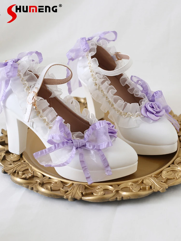 

Босоножки женские кружевные на высоком каблуке, оригинальные туфли в стиле "Лолита", ограниченное настроение, элегантные милые заостренные Лолиты, туфли на массивном каблуке