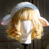 kawaii handmade furry sheep ear berets caps for women adjustable lolita beret hat plush lamb wool original design