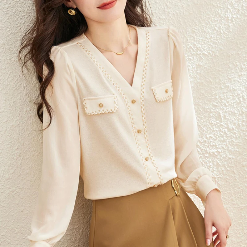 

Knitted Shirt for Women 2022 Spring/fall New In Solid Blouses Long Sleeve Fashion Loose Korean Top V-neck Casual Clothing