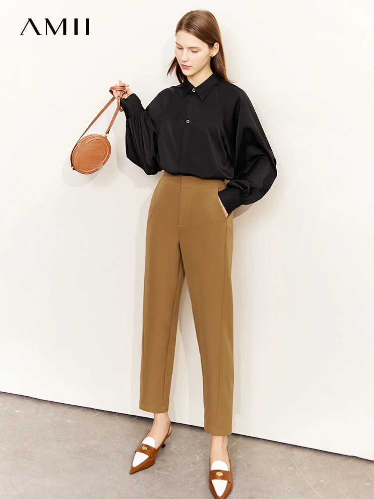 AMII Minimalist Pants Women 2022 Autumn New Korean Fashion Office Lady Vintage Versatile Capable Casual Slim Trousers 12230043