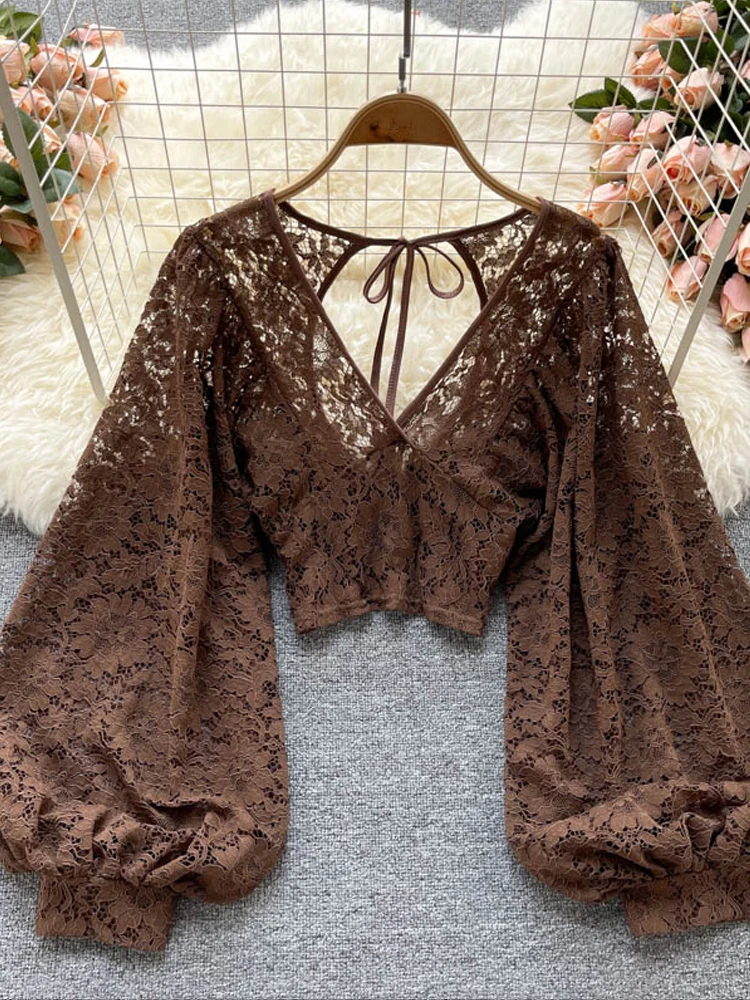 

YuooMuoo Sexy Backless Lace Shirt Hollow Out Transparent White Black Short Blouse Women Elegant Casual Crop Tops Blusas