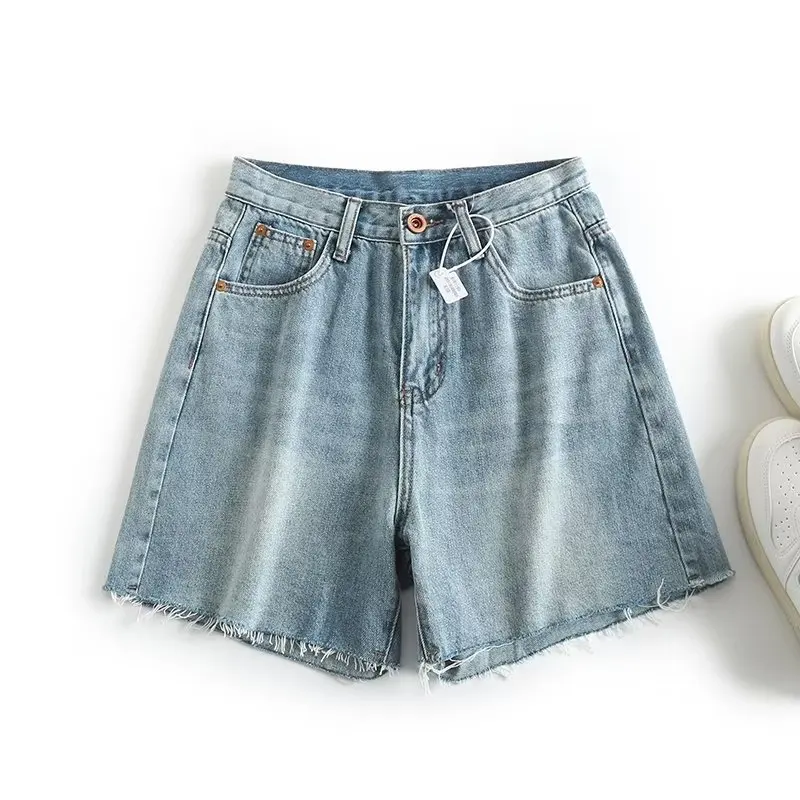 Dave&Di American Retro Old Denim Shorts  Washed Embroidered Pockets Casual Bermuda Women