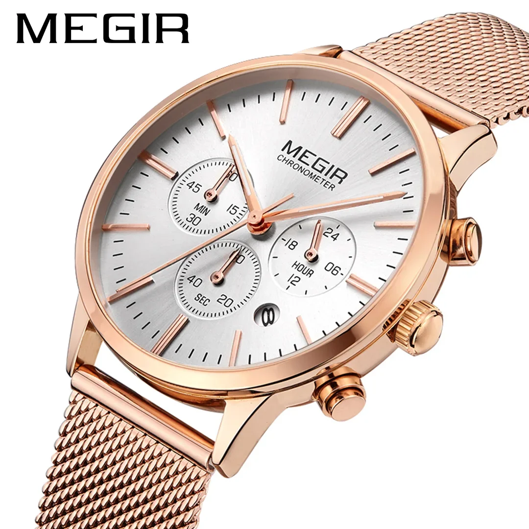 Женские часы MEGIR классические водонепроницаемые из нержавеющей стали с