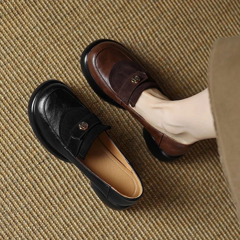 Phoentin Ретро дизайн глубокий рот платформа LoafersAutumn Зимние Туфли на среднем каблуке