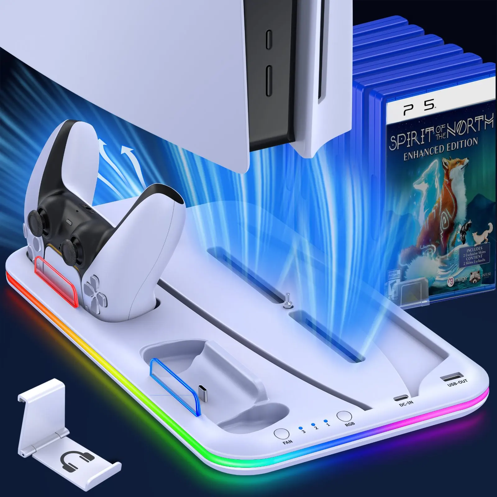 

Cooling Stand with RGB Light Fan For PS5 Console Disc&Digital Editions Dual Controller Charging Dock For PS5 Accessories