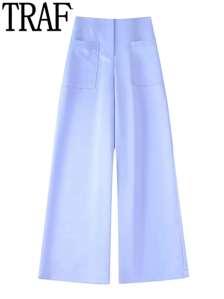 

TRAF Satin Wide Leg Pants Women High Waist Blue Pants Woman 2022 Fashion Pockets Streetwear Baggy Pants Women's Summer Trousers
