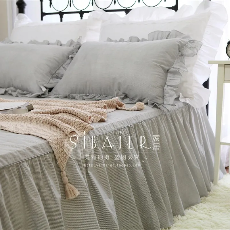 Handsome Stripe Thickened European-Sle Simple Pure Cotton Skirt Single Double Full H Bed Sheet Beds...