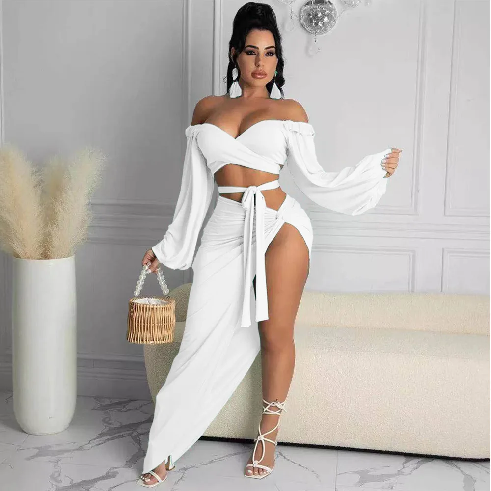 

Two Piece Sets Sexy Solid Color Long Sleeve Lace-Up Wrap Top Knit Fashion Skirt Split Pleated Beach Vacation Casual Suit Summer