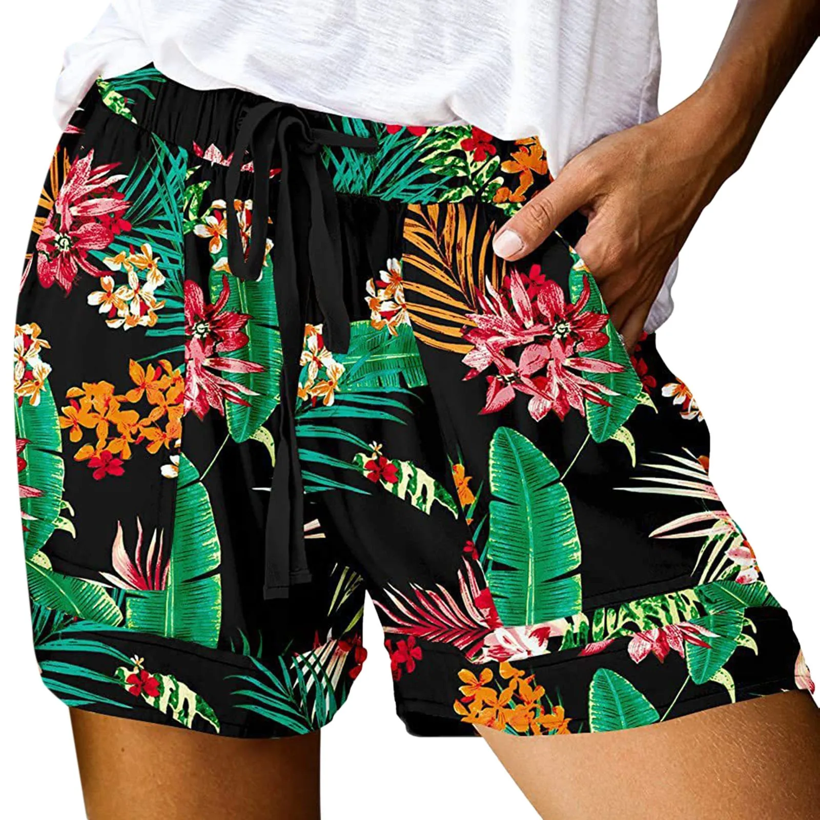 

Womens Cotton Shorts Comfy Drawstring Shorts Summer Elastic Waist Shorts With Pockets Turtleneck Shirt Women Short Sleeve