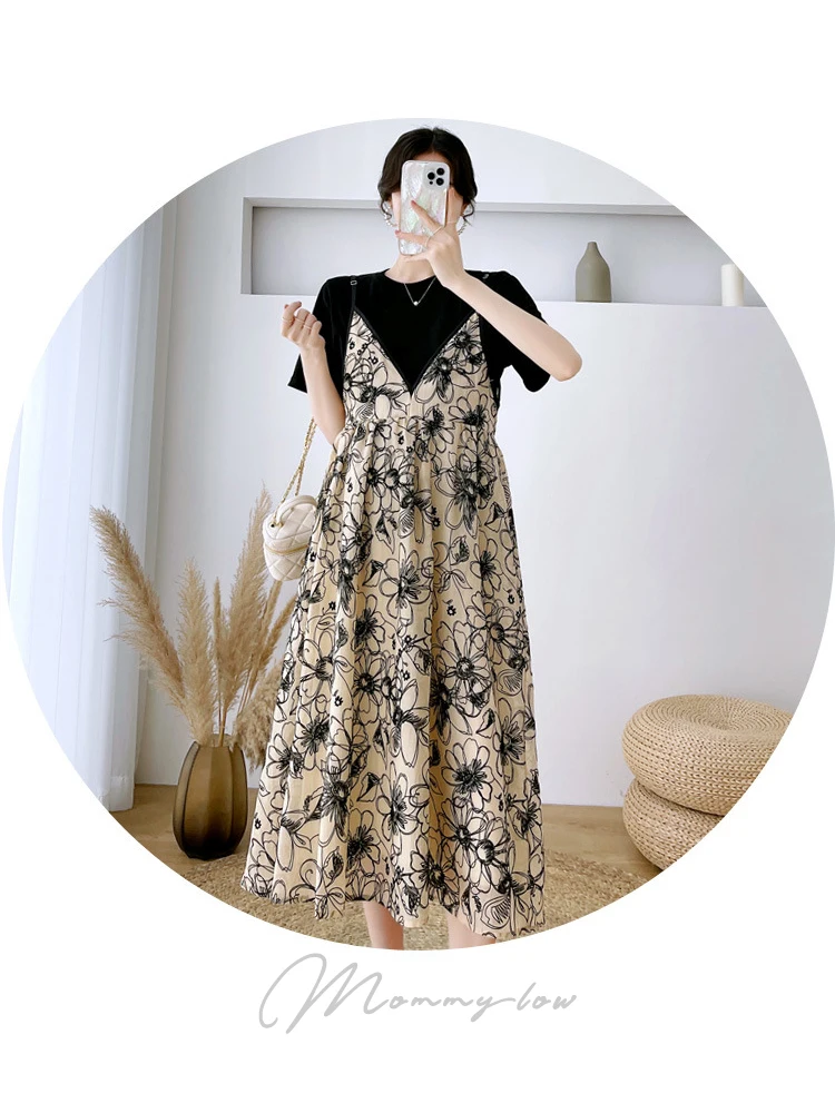 Floral Pregnancy Dress 2022 Summer Maternity Clothes Dress Slip Dresses and T-Shirts Pregnant Woman
