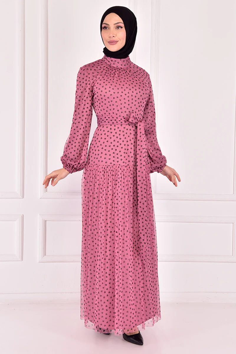 Сетчатое платье с поясом розового цвета Kurusu ASM2444