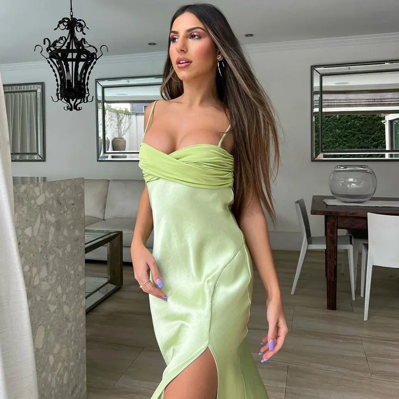 

Elegant Sexy Halter Ruched Maxi Dress for Women Summer Holiday Gown Club Party Sleeveless Spaghetti Strap Dresses Bodycon 2022