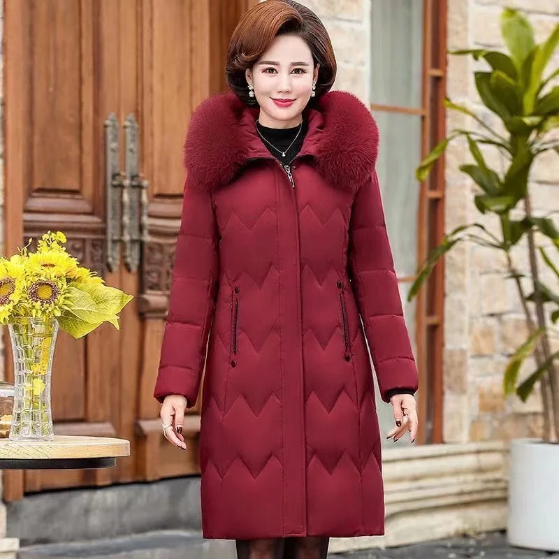 XL-5XL Middle Aged Mother Down Cotton-Padded Jacket Loose Hooded Fur Collar Coat Thicken Mid-Long Parkas Women Winter Clothes enlarge