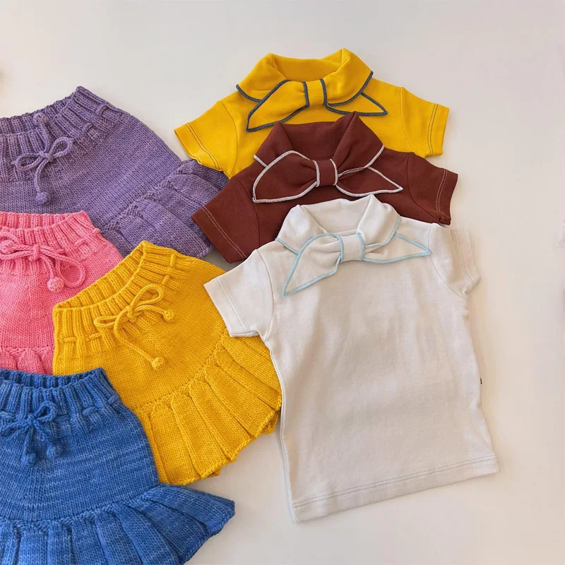 

2023 Baby Girls Summer Tops and Shorts Kids BC Brand Plain Casual T-shirt with Bow Collar and Knitted Tie Front Short Bud Pants