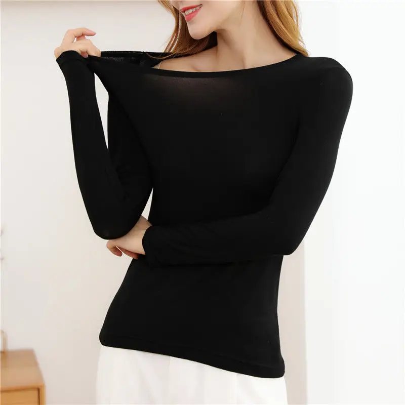 Модал женская черная футболка с длинным рукавом осенняя одежда круглым вырезом