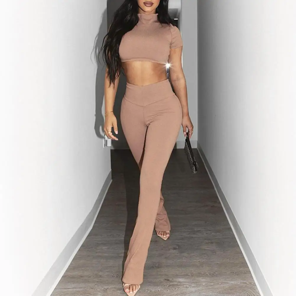 

Good Elasticity Solid Color Lady Cropped Blouse with Long Pants for Outdoor