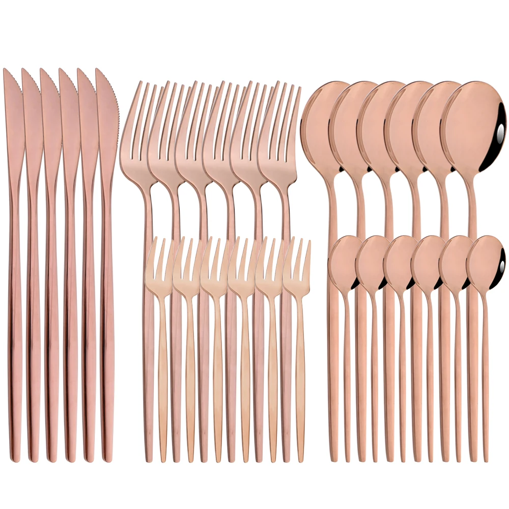 

Drmfiy 30Pcs Rose Stainless Steel Dinnerware Set Knife Spoon Fork Cutlery Set Dinner Kitchen Tableware Mirror Silverware Sets