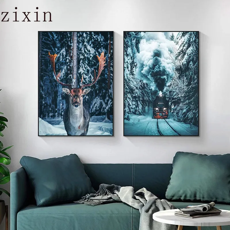 Скандинавский лес снежный пейзаж холст с принтом постер животными оленем озером