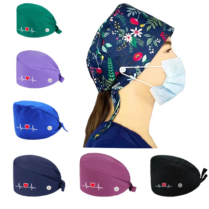 

Cotton Ladies Nurse Head Hat Heart Embroidered Button Adjustable Dentist Lab Pet Shop Pharmacy Scrub Hat Surgeon Cap Surgery