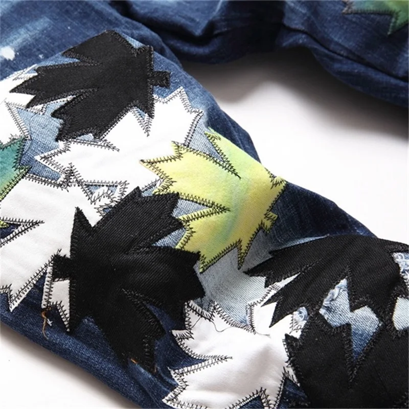 EH·MD® Leaf Embroidery Men's Jeans Speckled Soft Casual Loose Cotton Elastic Denim Pants Frayed Wrinkles Slim Fit Seasonal New 2