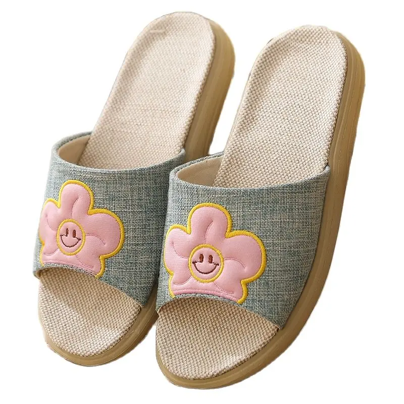 

2023 New four seasons linen slippers flat with home one line couple cartoon embroidered pumpkin non-slip slippers
