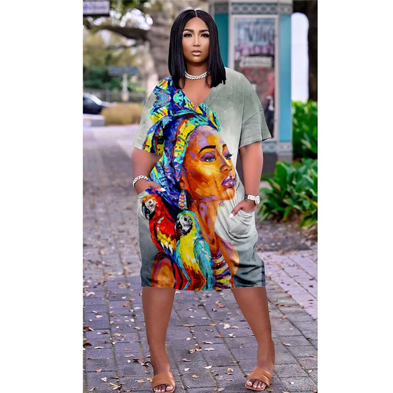 

New Indian African Girls 3D Print Dress Women Short Sleeve Dresses Knee-length Boho Sexy V-Neck Loose Vintage Female Party Dress
