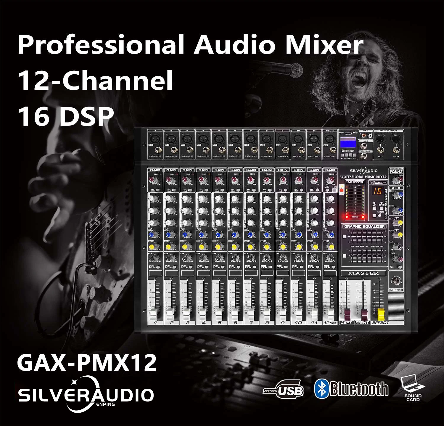 GAX-PMX12 Профессиональный 12-канальный микшер 500 Вт + 48 В Фантомное питание 16 DSP