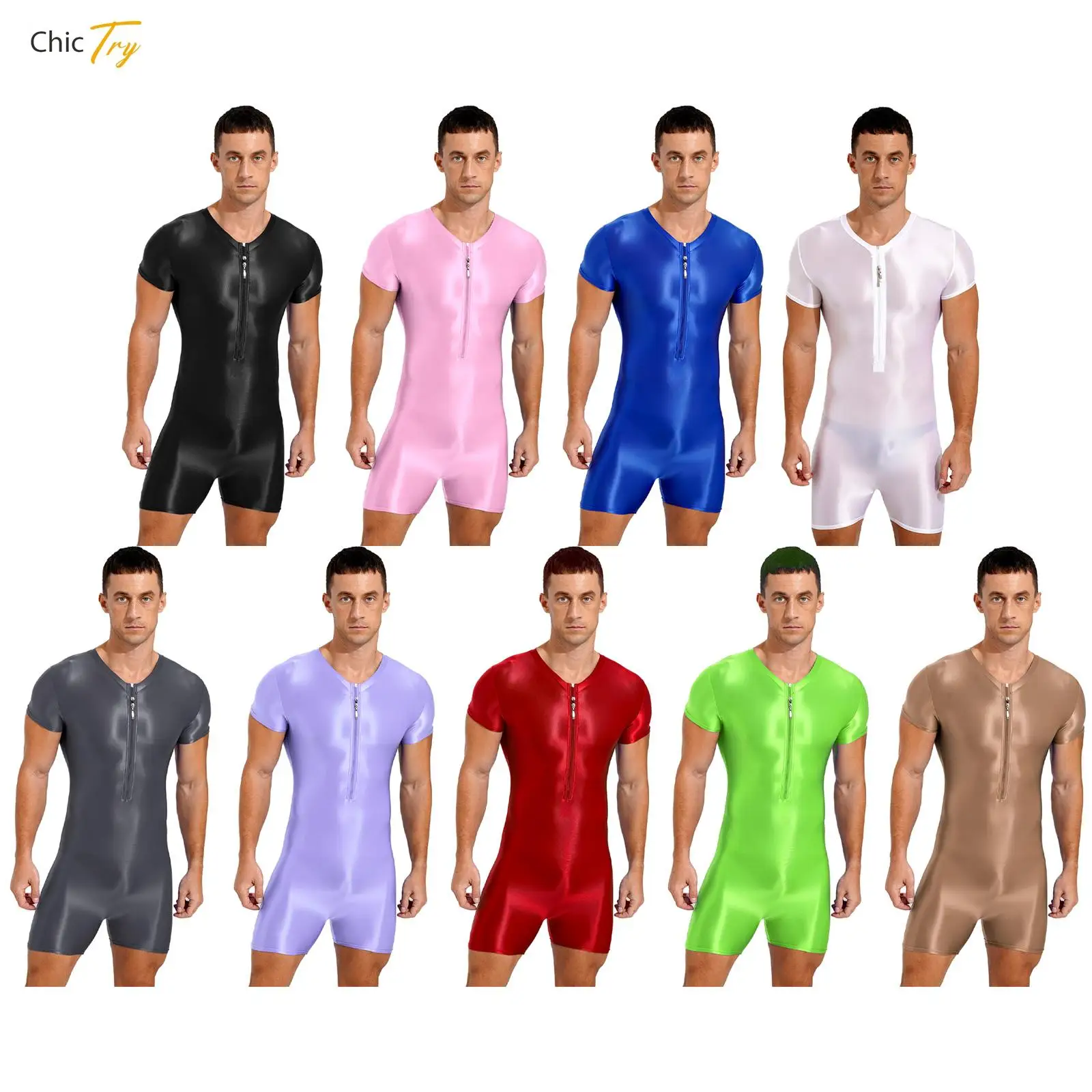 

Мужской спортивный Блестящий Цельный купальник с коротким рукавом и двойной молнией, спортивный купальник, тренировочное трико для спортзала, бодибилдинга