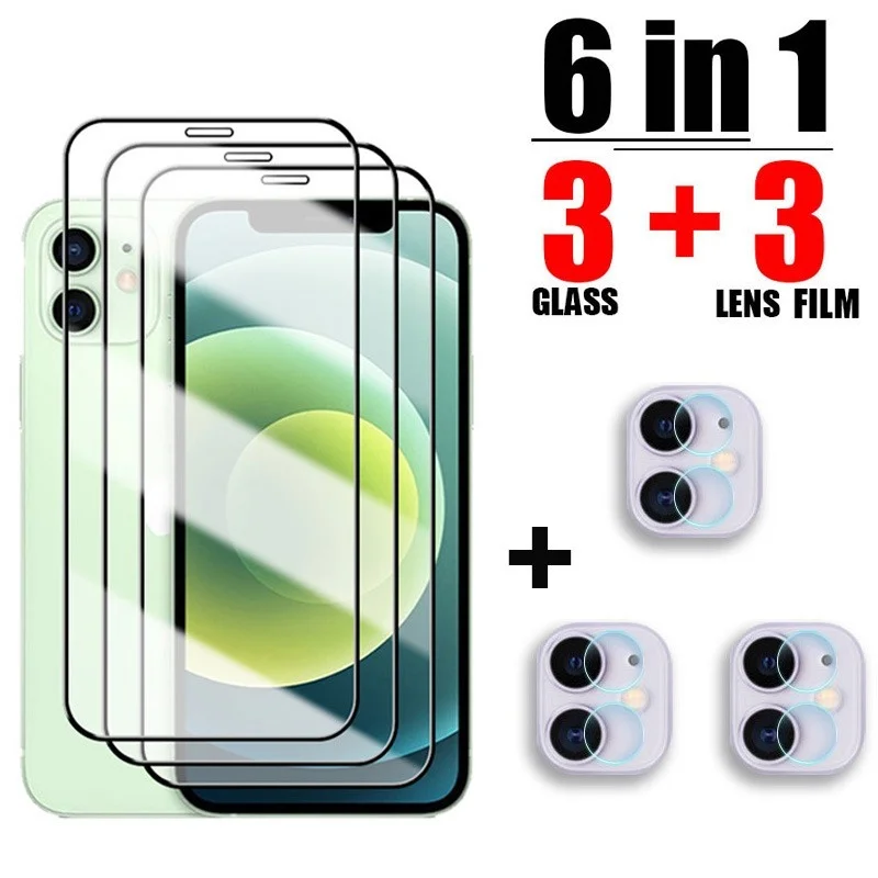 6 in 1 Protective Glass For iPhone 13 12 11 Pro Max Camera Lens Film For iPhone 13 12 Mini 11 SE 2020 2 in 1 Tempered Glass