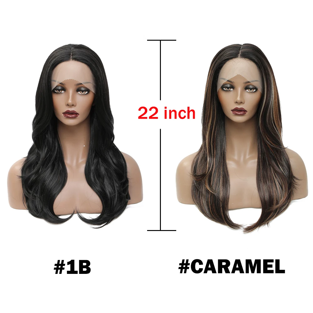 X-TRESS Synthetic Highlight Lace Front Wigs 22 Inch Ombre Brown Natural Wave T Part Transparent Swiss Lace Wig for Black Women