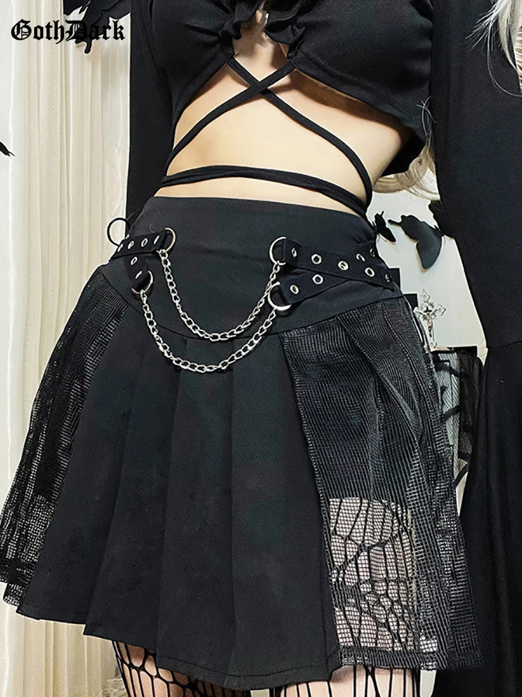 

Goth Dark Chain Grunge Punk Women Pleated Skirts Mall Gothic High Waist Transprent Mini Skirt Black Patchwork Fashion Streetwear